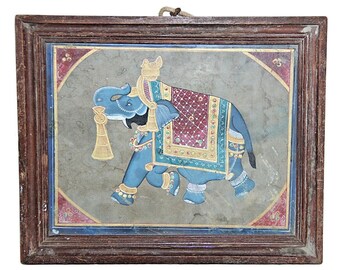 Vintage Royal Elephant Painting: Framed Indian Art