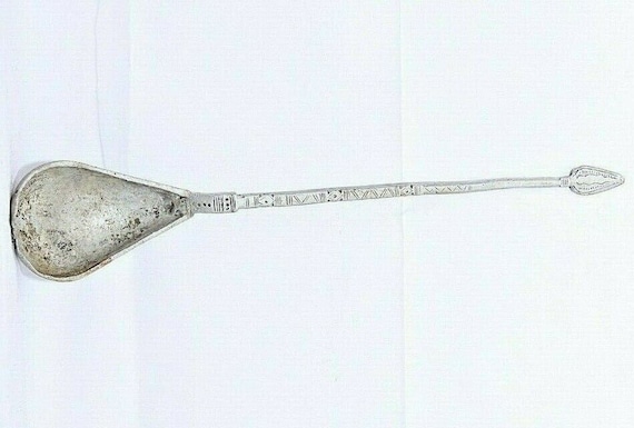 Vintage Long Primitive Hand Carved Aluminium Spoon with Intricate Design Primitive Kitchen Tool - Unique Long Spoon, Collectible Decor Piece