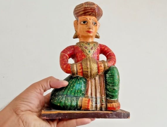 Old Vintage Painted Handmade Musician Wooden Carved 9.25 Inch Statue Tribal Art Unique Craftsmanship for Home Decor or Gift