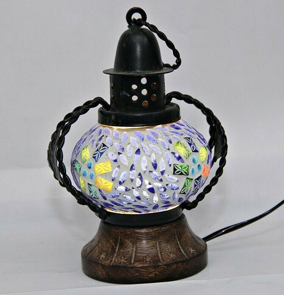 Old Vintage Mosaic Lantern– Iron, Glass & Wood Boho Night Light, Antique Electric Lamp, Retro Home Decor, Unique Hanging or Tabletop Fixture