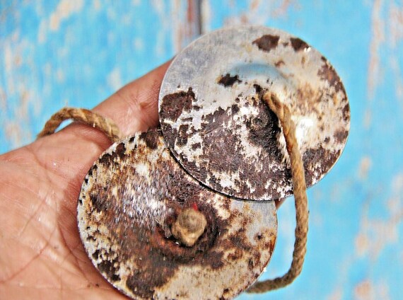 Antique Iron Cymbal Handcrafted Ritual Musical Instrument, Sacred Temple Collectible, Rare Ethnic Decor with Primitive Artisan Craftsmanship