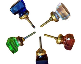 Victorian Door Knobs, Glass Brass Handles, Square Cabinet Set