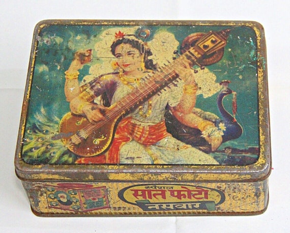 Old Vintage Goddess Saraswati Collectible Print Tin Box Unique Snuff Advertisement with Special Seven Photos for Enthusiasts and Collectors