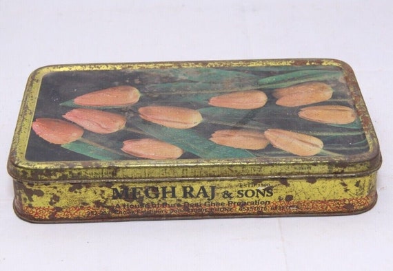 Vintage Hand Crafted Megh Raj & Sons Sweets Tin Box – Rare Delhi-Made Collectible | Antique Indian Confectionery Case | Retro Kitchen Decor