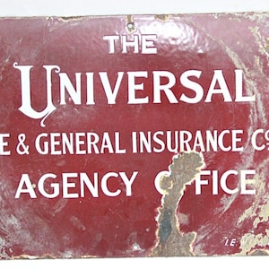 1929 Rare Antique Porcelain Sign Board Universal Fire & General Insurance Unique Vintage Collectible Home Decor for Fire Safety Enthusiasts