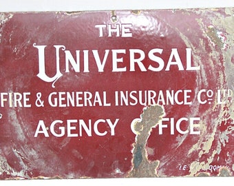 Insegna in porcellana della Universal Fire Insurance del 1929 / Cartello pubblicitario vintage in smalto / Decorazione murale industriale