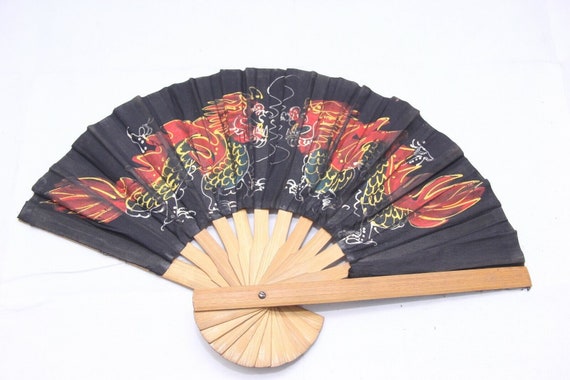 Vintage Black Folding Hand Fan Colorful Chinese Dragon Print on Bamboo and Cloth Elegant Asian Decor Oriental-Themed Accessory & Collectible