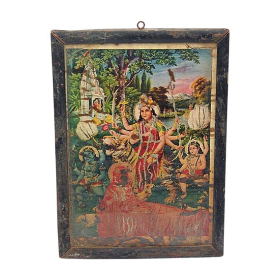 Rare Vintage Goddess Shree Ambey Durga Sherawali Mata Litho Print with Wooden Frame – Sacred Hindu Wall Decor & Religious Indian Collectible