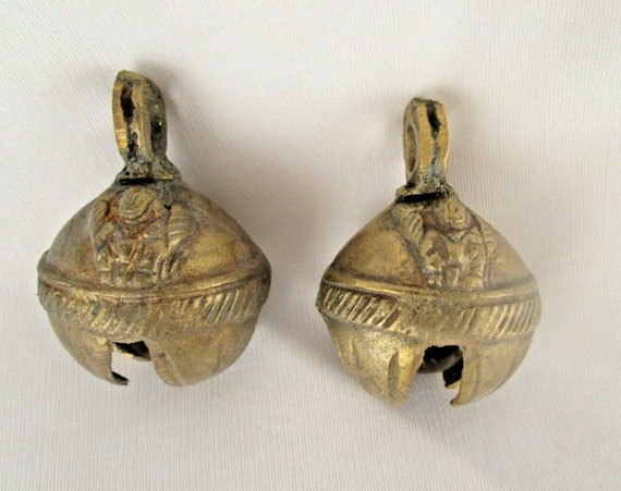 Set of 2 Vintage Brass Handcrafted Carved Cow Bells Big Round Shape from India for Home Decor and Unique Collectible Gifts