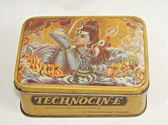 Indian Tin Box Escabin Ointment Advertisement with Technocin-E & Lord Shiva Print, Vintage Collectible Tin Art for Décor Enthusiasts