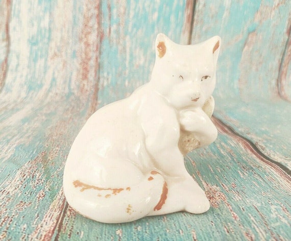 Rare Vintage Porcelain Ceramic Cat Figurine with Fish Lucky Artifact Beautiful Hand Crafted Home Decor Collectible Gift Unique Antique Piece