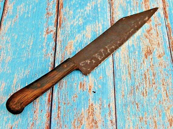 Vintage Handmade Wooden Handle Knife with Hammered Iron Blade, Unique Blacksmith Craftsmanship from India, Collectible Kitchen Tool