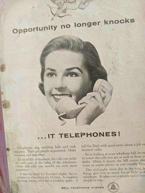 Vintage Bell Telephone System Ad Sign – USA Made 1950s Antique Paper Sign, Collectible Telephone Memorabilia, Retro Industrial Decor Piece
