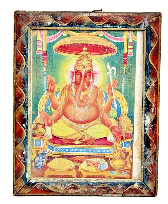 Vintage Lord Ganesha Litho Print, Painted Wooden Frame, Elegant Hindu Art, Old Indian Decor, Ganapati Wall Hanging, Spiritual Gift