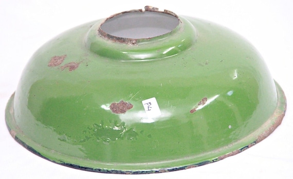 Rare Vintage Green Iron Porcelain Enamel Lamp Shade – Exquisite Indian Craftsmanship | Unique Home Decor Lighting | Timeless Industrial Chic