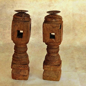 Vintage Indian Wooden Candle Holders: Rustic Charpai Bed Leg Decor
