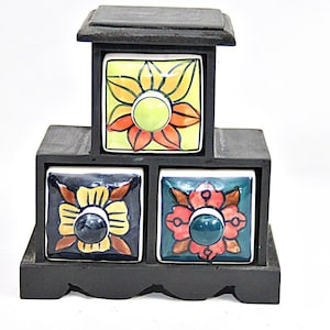 Hand Crafted Wooden Spice Rack: Ceramic Drawer Jewelry Box
