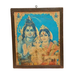Hindu God Shiva Parivar Family Print Wooden Framed Religious Poster – Vintage Indian Collectible Decorative Beautiful Spiritual Artwork