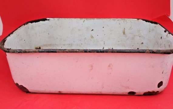 Vintage White and Blue Enamelware Deep Porcelain Tray – Antique Surgical Pan | Old Metal Hospital Collectible | Rustic Industrial-Chic Decor