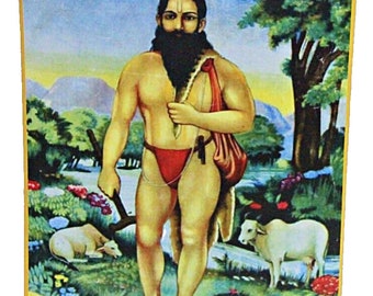 Raja Ravi Varma's lithografische herdruk van Shri Sadguru Samarth Ramdas, ter illustratie van de spirituele begeleiding en wijsheid van de gewaardeerde goeroe