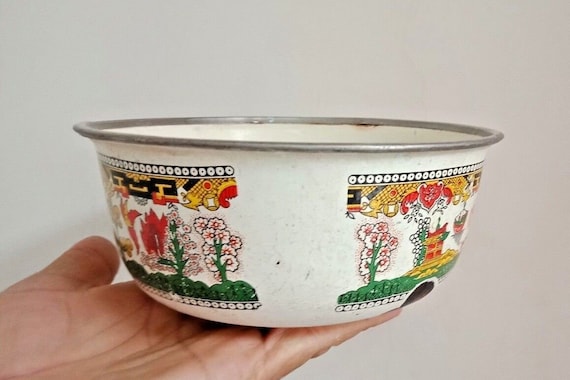 Rare Old Vintage White Porcelain Enamel Bowl – Round Bridal Design, Antique Metal Decor, Unique Collectible Kitchen Art for Home or Display