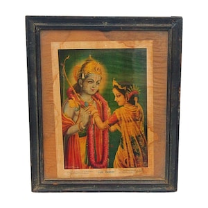 Framed Hindu Lord Rama & Sita Vintage Print: Religious Collectible Poster