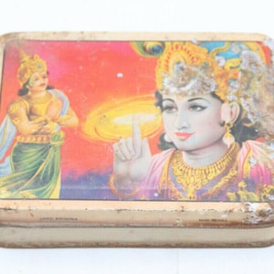 Vintage Hindu God Krishna Litho Print Tin Box– Sweet Adv Collectible | Antique Lord Krishna Storage Container | Divine Indian Folk Art Decor
