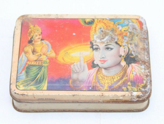 Vintage Hindu God Krishna Litho Print Tin Box– Sweet Adv Collectible | Antique Lord Krishna Storage Container | Divine Indian Folk Art Decor