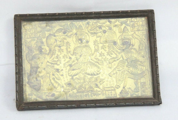 Old Vintage Laxmi Tin Frame Art– Golden Goddess Print with Embossed Details, Spiritual Indian Wall Decor Divine Hindu Home Altar Collectible