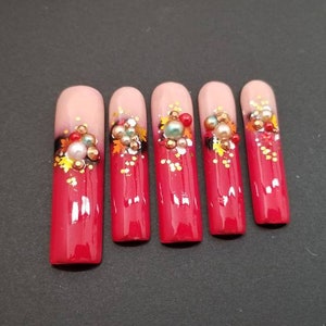 Red Autumn press on nails