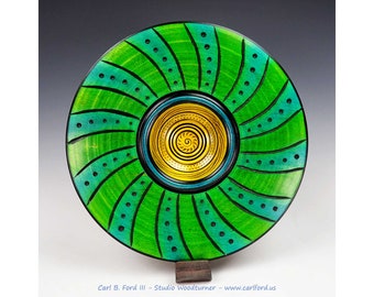 Turquoise & Green Galaxy Wide Rim Bowl, 2/2024, Turned Maple Wood, 10" Wide, 1-1/4" Thick, 17 oz. Handmade Wood Art