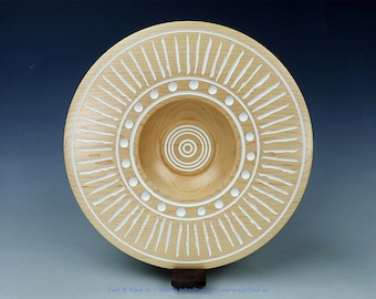 White Sunburst Wide Rim Bowl, 7/2022, Turned Maple Wood, 10" Wide, 1-1/4" Thick, 22 oz, Handmade Wood Art