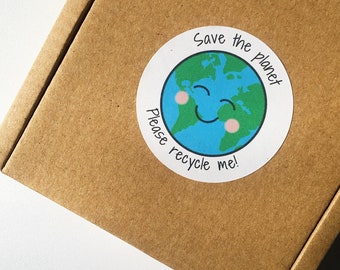 May include: A white sticker with a blue and green cartoon earth with a smiling face and rosy cheeks. The sticker says "Save the planet. Please recycle me!"