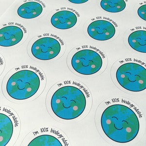 Recycled Biodegradable “I’m 100% biodegradable!” paper labels for eco friendly packaging. Recyclable stickers.