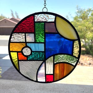 Circular Frank Lloyd Wright Inspired Colorful Stained Glass Suncatcher