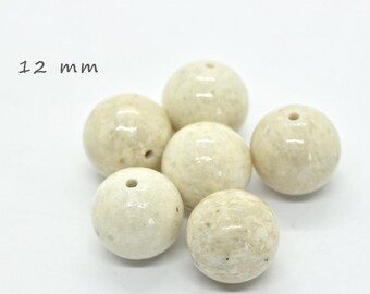 Large marble stone beads 12 mm 6 pieces beige glossy