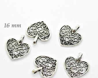 Pendant heart openwork silver 16 mm with eyelet 5 pieces