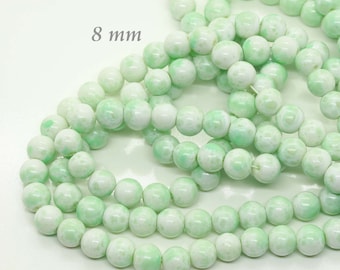 glossy glass beads light green white pastel marbled opaque 8 mm 50 pieces