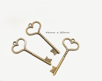 Metall Schlüssel Bronze, Anhänger 46 mm x 20 mm, 3 Stück
