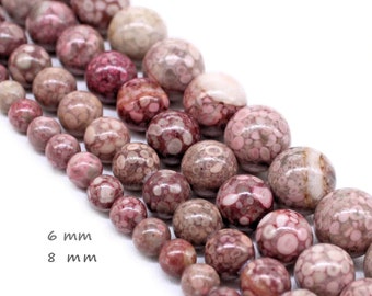 pink fossil coral beads 8 mm or 6 mm, shiny, 20 or 30 pieces