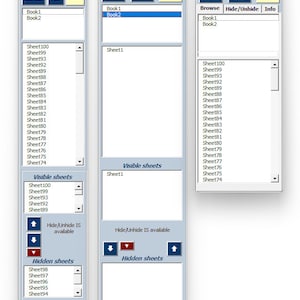 May include: A computer screen showing a spreadsheet program with three windows labeled "Worksheet Browser VH", "Worksheet Browser EX", and "Worksheet Browser CP". Each window has buttons for "Refresh", "Min", "Close", and "Browse", "Hide/Unhide", and "Info". The windows also show lists of sheets, with some sheets visible and others hidden.