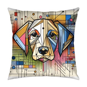 May include: Geometric abstract art pillow featuring a colorful dog's face with a white background. The dog's face is made up of various shapes and colors, including blue, green, yellow, pink, and red.