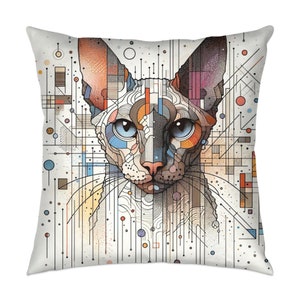 May include: A colorful geometric illustration of a hairless cat with blue eyes. The cat is surrounded by lines and shapes in shades of orange, blue, yellow, and red.