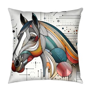 May include: A colorful geometric illustration of a horse's head with a white background. The horse is made up of lines and shapes in shades of blue, green, orange, yellow, and red.