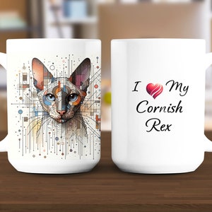 May include: White ceramic coffee mug with a colorful illustration of a Cornish Rex cat on one side and the text "I ♥ My Cornish Rex" on the other side.