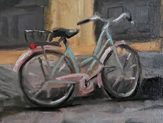 自転車、自転車の絵画、イタリア、ヨーロッパ、油彩、「イタリアの通勤