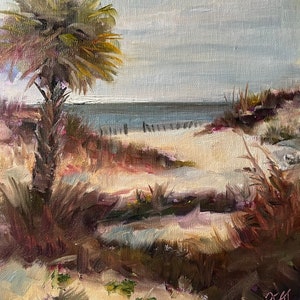 Beach painting with dunes, palm tree, sand, plein air, “Anticipating Spring” - 8x10 oil