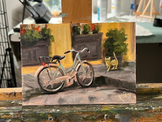 自転車、バイクの絵画、イタリア、ヨーロッパ、油彩、「イタリアの通勤
