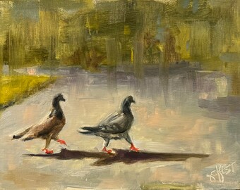 small bird painting, pigeon, park, oil, original, "Strut" - 6x8 oil
