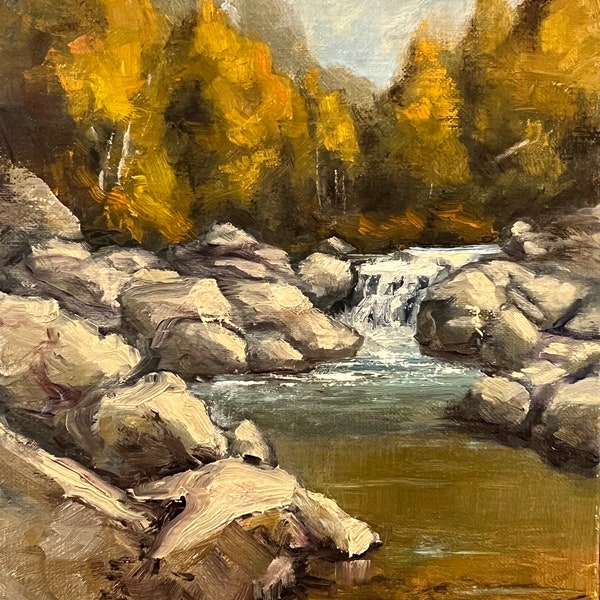river creek painting, rocks and water, mountains, waterfall, "Cullasaja" - 8x10 oil